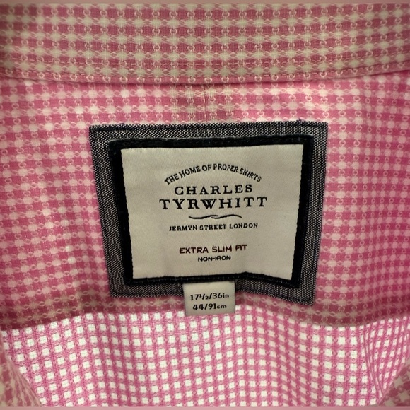 Men’s CHARLES TYRWHITT Non Iron Pink check extra slim fit button down- 17.5/36in - Picture 3 of 8